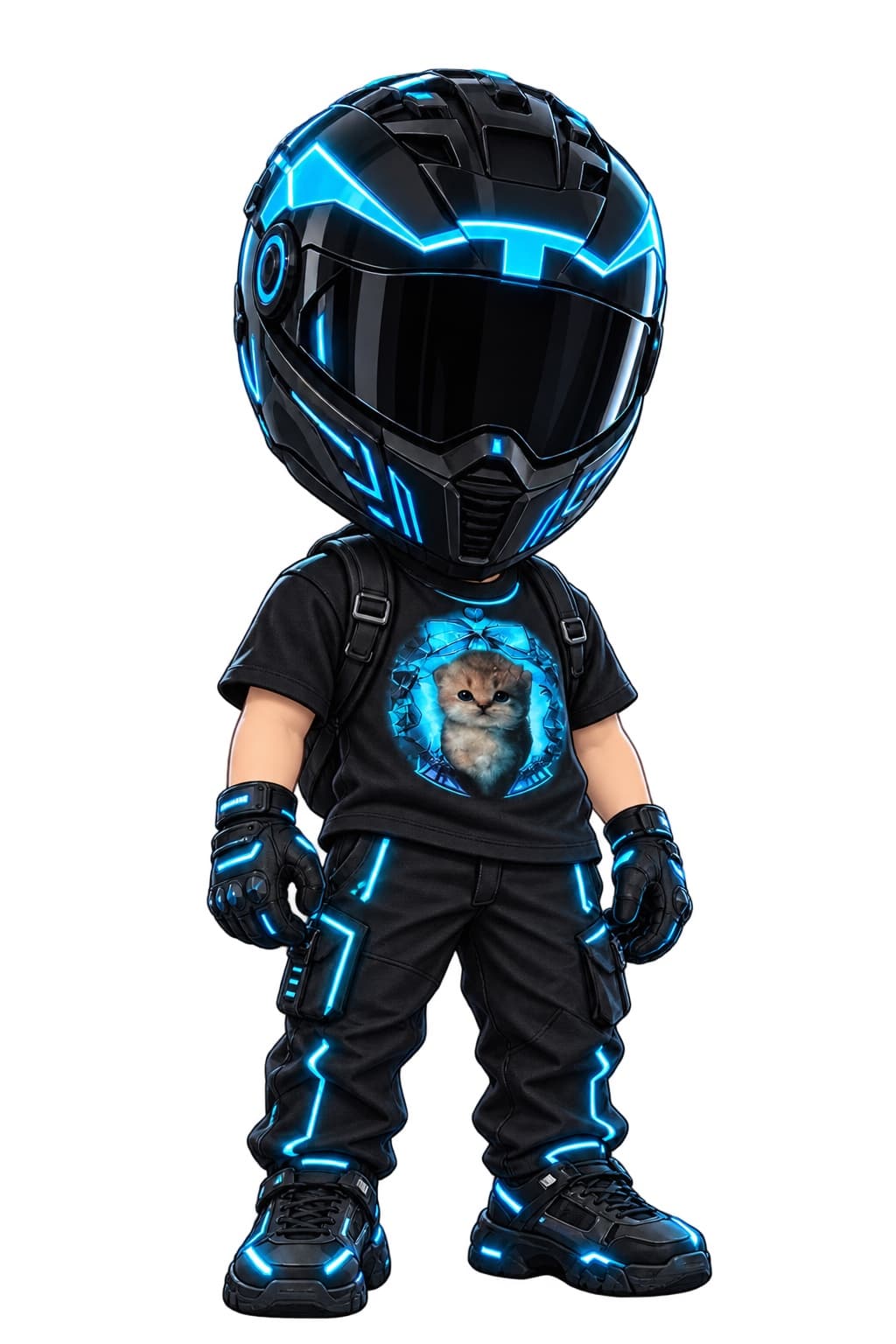 feyn, Ankesh Bharti's AI agent, wearing a black helmet and suit with cyan lights